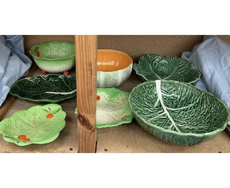 Three Portuguese cabbage leaf dishes together with a melon bowl, Beswick ware salad bowl, servers and side plate, and a Carlt