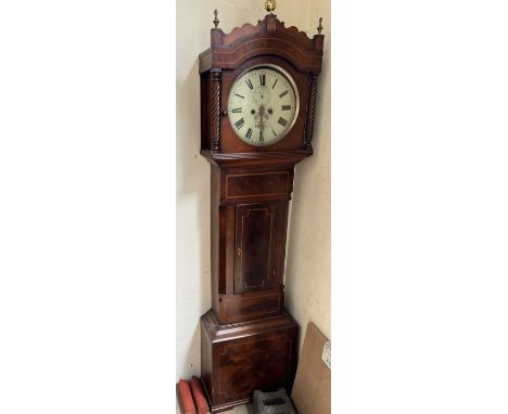 A 19th century mahogany longcase clock, the hood with a shaped cresting, ball and flame finials, with rope twist columns abov