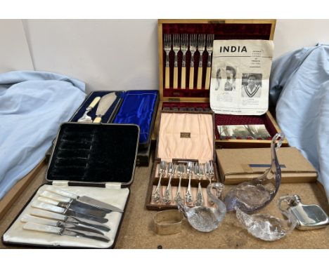 Cased electroplated fish set together with other plated flatwares, glass swans, India 1952 Cricket souvenir, postcard of the 