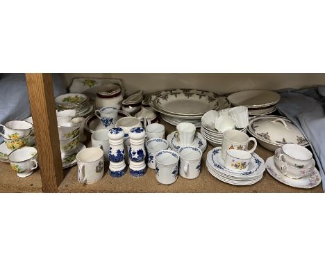 A Royal Albert Tea Rose pattern part tea service together with Wedgwood coffee cans, blue and white pottery, part dinner sets