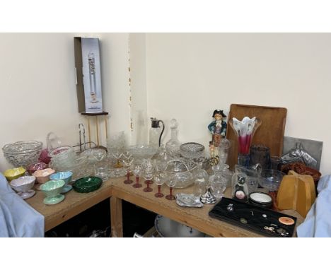 Beswick Sundae dishes together with glass bowls and dishes, glass vases, glass claret jug, glass decanter, Galileo thermomete