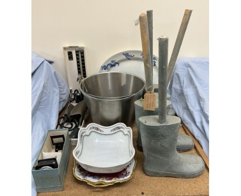 A steel bucket together with boot moulds, pottery plates. blood pressure monitor etc 