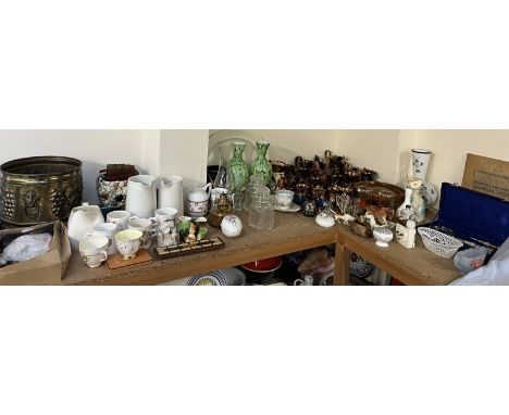 Various copper lustre jugs together with jugs, commemorative mugs, cribbage board, glass vases etc 