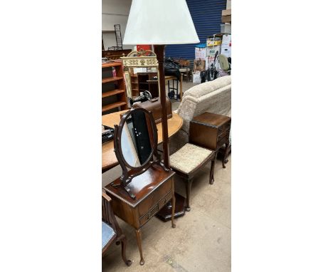 A 20th century mahogany sewing cabinet on cabriole legs and pad feet together with a toilet mirror, standard lamp, stool and 