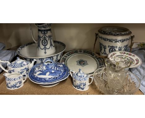 An Adderleys Ltd Sheraton pattern jug, basin and slops bucket set together with assorted pottery, glass bowl and jug etc 