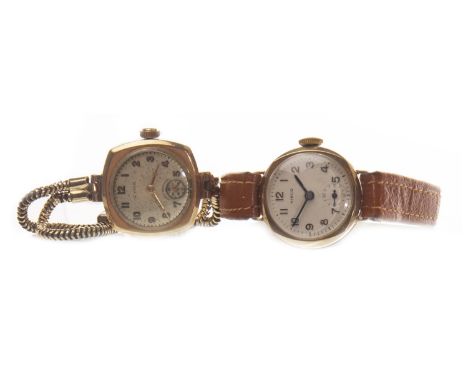 TWO LADY'S EARLY TWENTIETH CENTURY NINE CARAT GOLD MANUAL WIND WRIST WATCHES, comprising a Hirco example, with a round white 