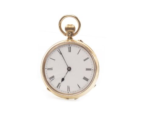 EIGHTEEN CARAT GOLD KEYLESS WIND OPEN FACE FOB WATCH, the movement cover signed C. S. Sewell, London, the round white enamel 