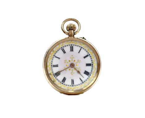 LADY'S CONTINENTAL OPEN FACE KEYLESS WIND FOB WATCH, unsigned movement, the round white enamel dial with Roman numerals in bl