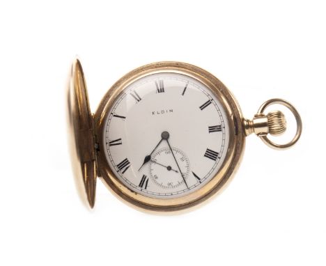 GOLD PLATED FULL HUNTER POCKET WATCH, the round white enamel dial signed Elgin, Roman numerals in black, sunken subsidiary se