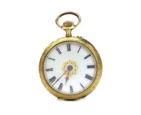LADY'S CONTIENTAL GOLD OPEN FACE KEYLESS WIND FOB WATCH, the round white enamel dial with Roman numerals in black, central de