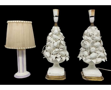CASAUS; a pair of decorative white glazed table lamps, height 36cm, and another lamp (3).