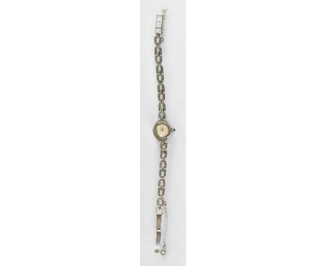 ROTARY; a hallmarked silver and marcasite lady's wristwatch, diameter of dial approx 1cm.
