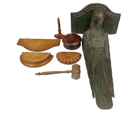 A mixed lot of treen including large carved wall bracket, height 60cm, a smaller wall bracket, gavel and circular box with co