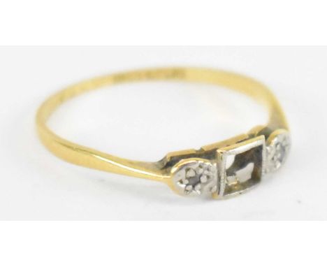 An 18ct yellow gold and platinum three stone ring (lacking central stone), size M/N, approx 1.2g.