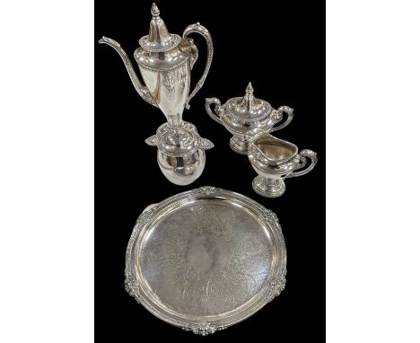 A three piece silver plated coffee service comprising coffee pot, lidded twin handled sugar bowl, milk jug and a further Mapp