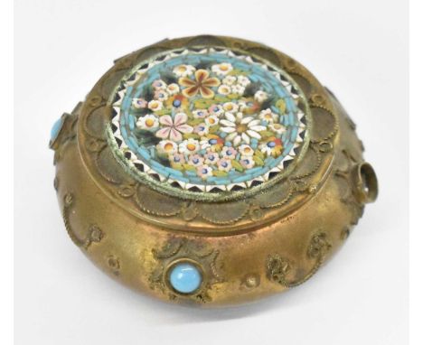 A small brass micromosaic topped lidded trinket box set with four small turquoise cabochons (one missing), with hinged lid, d