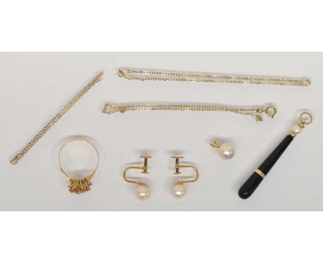 A 9ct yellow gold necklace (af), a pair of 9ct yellow gold seed pearl set earrings, a 14ct yellow gold mounted seed pearl, a 