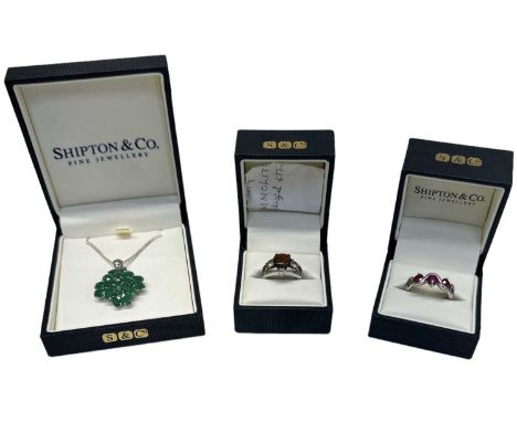 A group of 925 hallmarked silver jewellery including a ruby ring set with three rubies, each approx 0.33ct, size P, a further