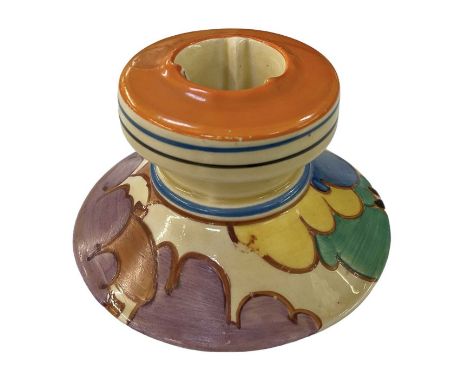 CLARICE CLIFF; a Bizarre hand painted 'Autumn' pattern squat candlestick, height 5cm, diameter 9cm.