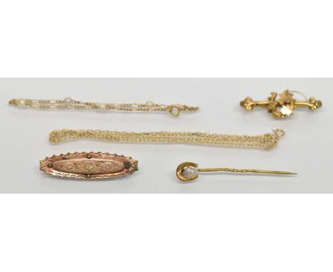 A 9ct yellow gold fine link necklace, length 43cm, a 9ct yellow gold seed pearl bracelet, length approx 18cm, a 9ct yellow go