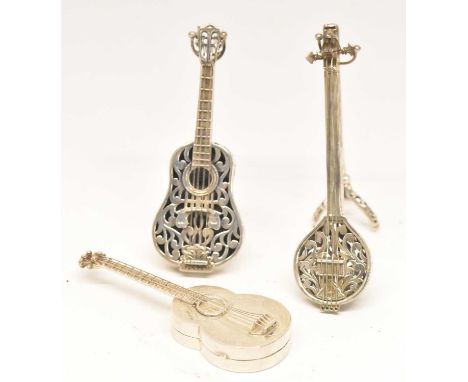 A modern miniature 925 hallmarked silver snuff box modelled as a guitar, height 8cm, a modern miniature 925 hallmarked silver