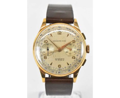 An 18ct yellow gold Chronographe Suisse manual wind wristwatch, 'Antimagnetic 17 Rubis', on brown leather strap, diameter exc