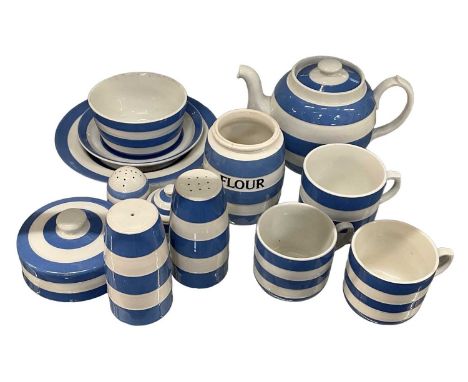 CORNISHWARE; a small quantity of blue and white kitchenware, including salt and pepper, two teacups, larger teacup, teapot, t