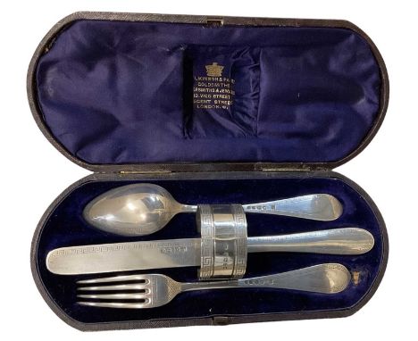 MARTIN, HALL &amp; CO; a cased Victorian hallmarked silver christening set comprising knife, fork, spoon and napkin ring, She