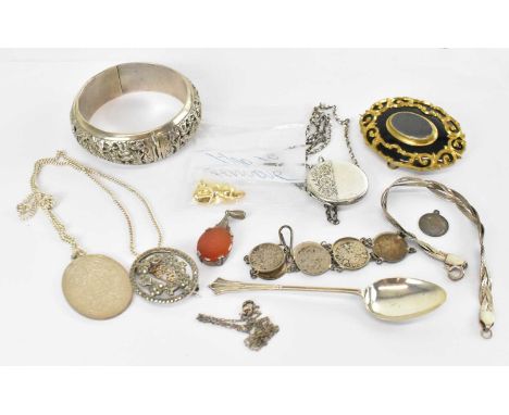 A group of silver and costume jewellery including an 800 grade silver bangle, diameter 7cm, hallmarked silver teaspoon, silve