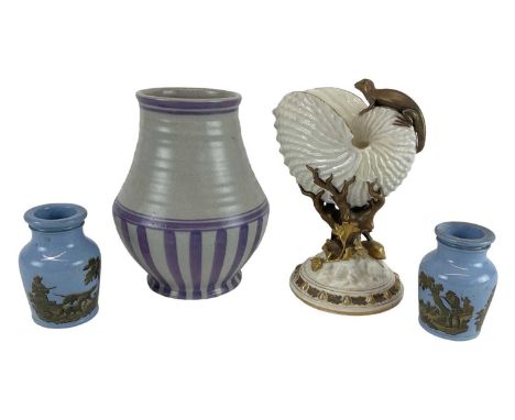 ROYAL WORCESTER; a late 19th century shell vase with gilt salamander, height 22cm, also a Carter Stabler Adams Poole Pottery 