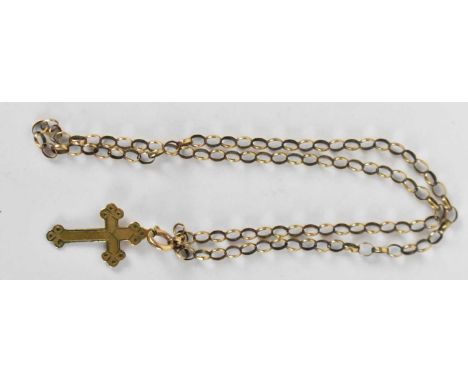 An 18ct yellow gold crucifix pendant, 2.5 x 1.5cm, suspended on a 9ct yellow gold ring loop belcher necklace, length approx 4