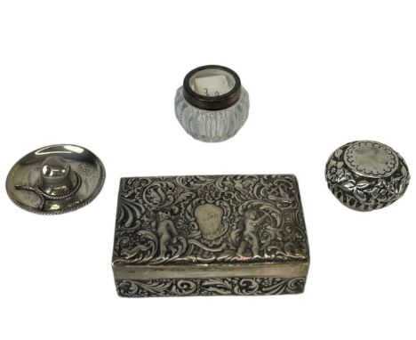 GOLDSMITH &amp; SILVERSMITH CO; a late Victorian hallmarked silver lidded trinket box, with hinged lid and decoration of cher