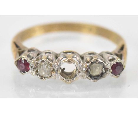 A 9ct yellow gold diamond and ruby set ring (lacking central stone), size L, approx 2.3g.