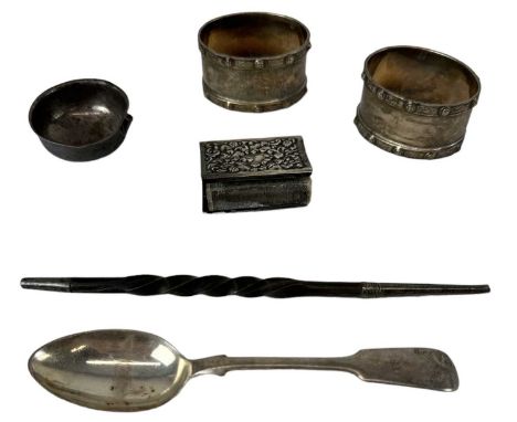 ADIE BROTHERS LTD; a pair of hallmarked silver napkin rings, Birmingham 1950, a Victorian hallmarked silver teaspoon, Sheffie
