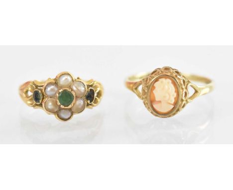 A 9ct yellow gold seed pearl and green stone set ring, size I, and a 9ct yellow gold cameo set ring, size M/N, combined appro