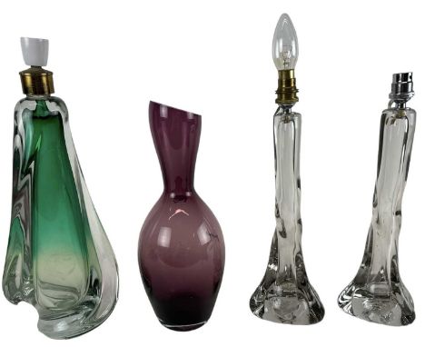 STRATHEARN; a pair of Scottish art glass lamps, height to top of fitment 36cm, a green art glass lamp, height to top of fitme