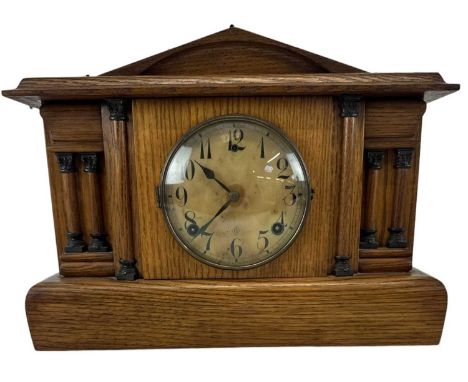 WM L GILBERT CLOCK CO; an early 20th century oak cased mantel clock, height 30cm, width 40cm, a 20th century mahogany cased m
