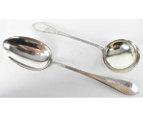 A large Danish silver serving spoon stamped 'L Berth' and dated 05, with similarly decorated ladle dated 08, combined approx 