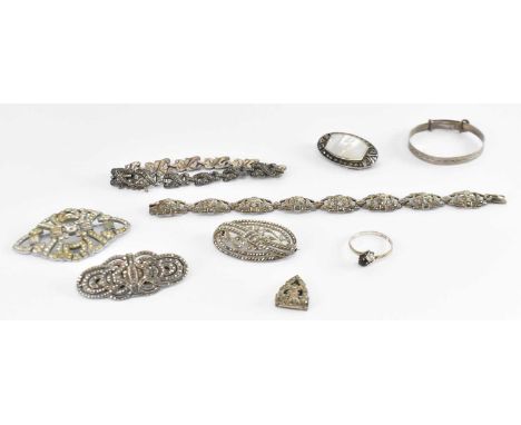 A group of silver and marcasite jewellery including a marcasite bracelet, length 18cm, another marcasite bracelet, length app