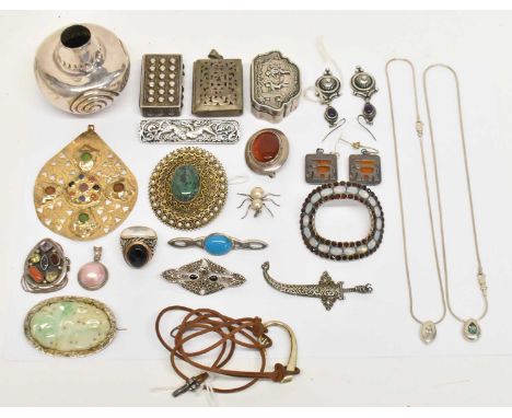 A group of silver and white metal jewellery, including a white metal vase, height 5.5cm, a white metal pill box, a Georgian w