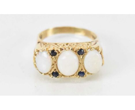 A 9ct yellow gold opal and sapphire set ring, size R, approx 5.3g.