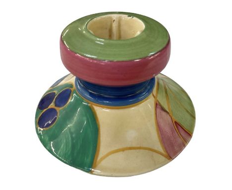 CLARICE CLIFF; a Bizarre hand painted 'Pastel Melon' pattern squat candlestick, height 5cm, diameter 9cm.