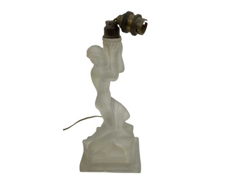 An Art Deco frosted glass figural table lamp in the form of a draped nude female, height to top of fitment 25cm.