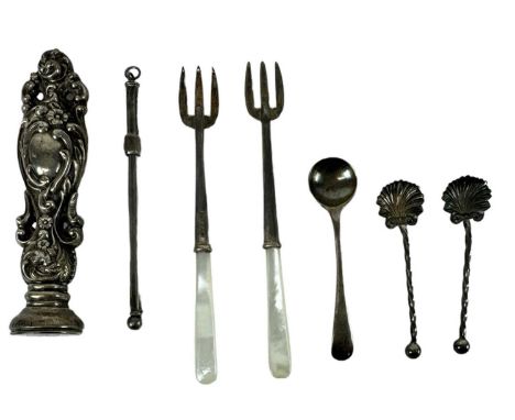 CHARLES HORNER; a pair of George V hallmarked silver and mother of pearl handled pickle forks, a hallmarked silver seal, two 
