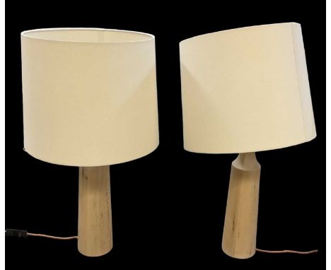 PINCH; a pair of light oak turned column table lamps with white shades, height to top of fitment 61cm.