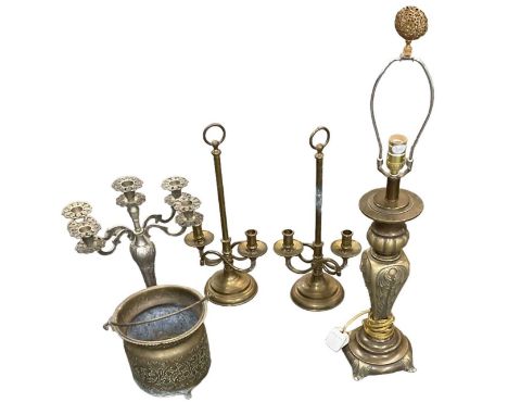 A modern brass table lamp, height to top of fitment 55cm, a pair of brass two branch adjustable candlesticks, height 48cm, a 