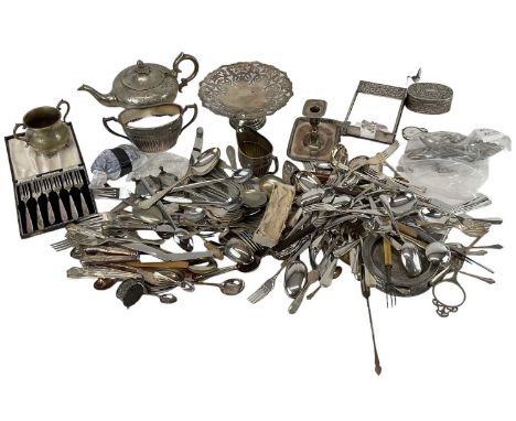 A large quantity of silver plated items including comport, teapot, matching sugar bowl, twin handled sugar bowl, milk jug, fl