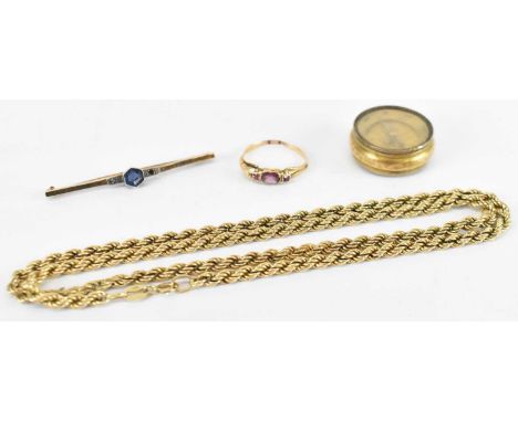 A 9ct yellow gold rope twist necklace, length approx 46cm, a 9ct yellow gold blue stone set brooch and a 9ct yellow gold red 