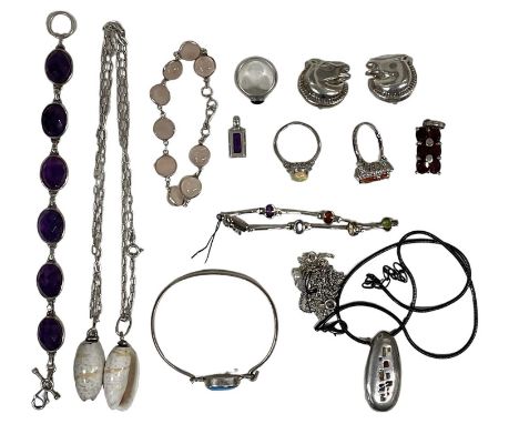 A group of 925 hallmarked silver and white metal jewellery, including a 925 hallmarked silver purple stone set bracelet, leng
