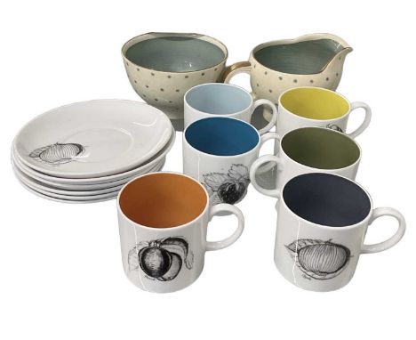 SUSIE COOPER; a 'Black Fruit' pattern coffee set comprising six coffee cans and six saucers, also a Susie Cooper 1711 pattern